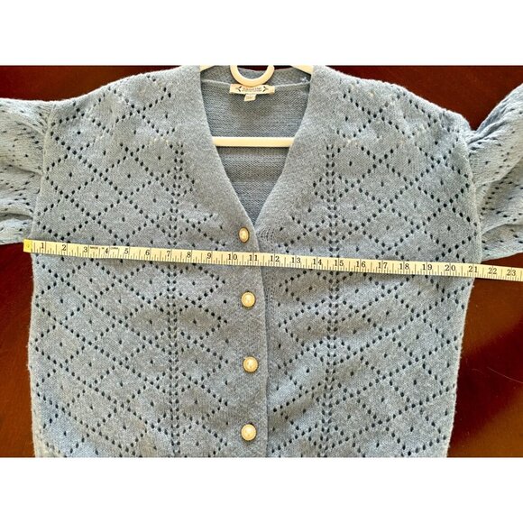 Nanette Lepore Blue Eyelet Knit Cardigan Sweater Faux Pearl Buttons Size Small - Picture 10 of 12
